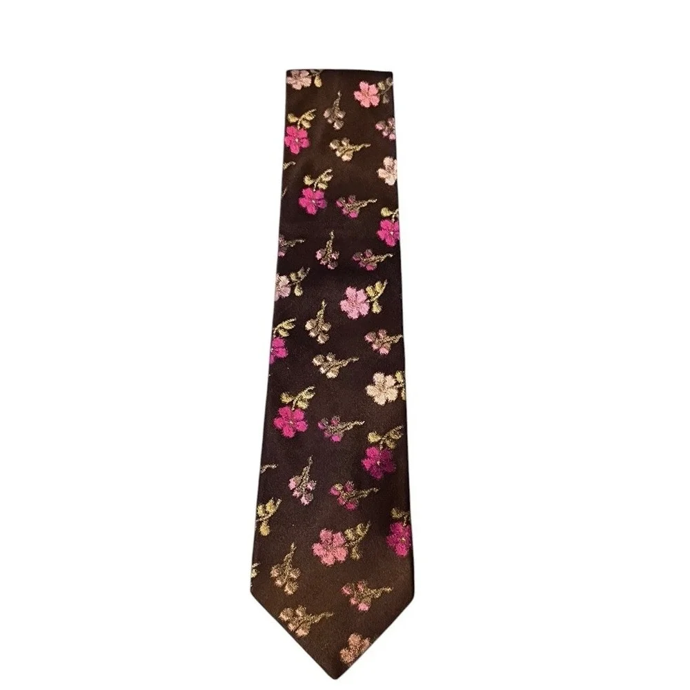 Ted Baker London Men's Silk Necktie Brown Pink Flowers Floral Made‎ In USA